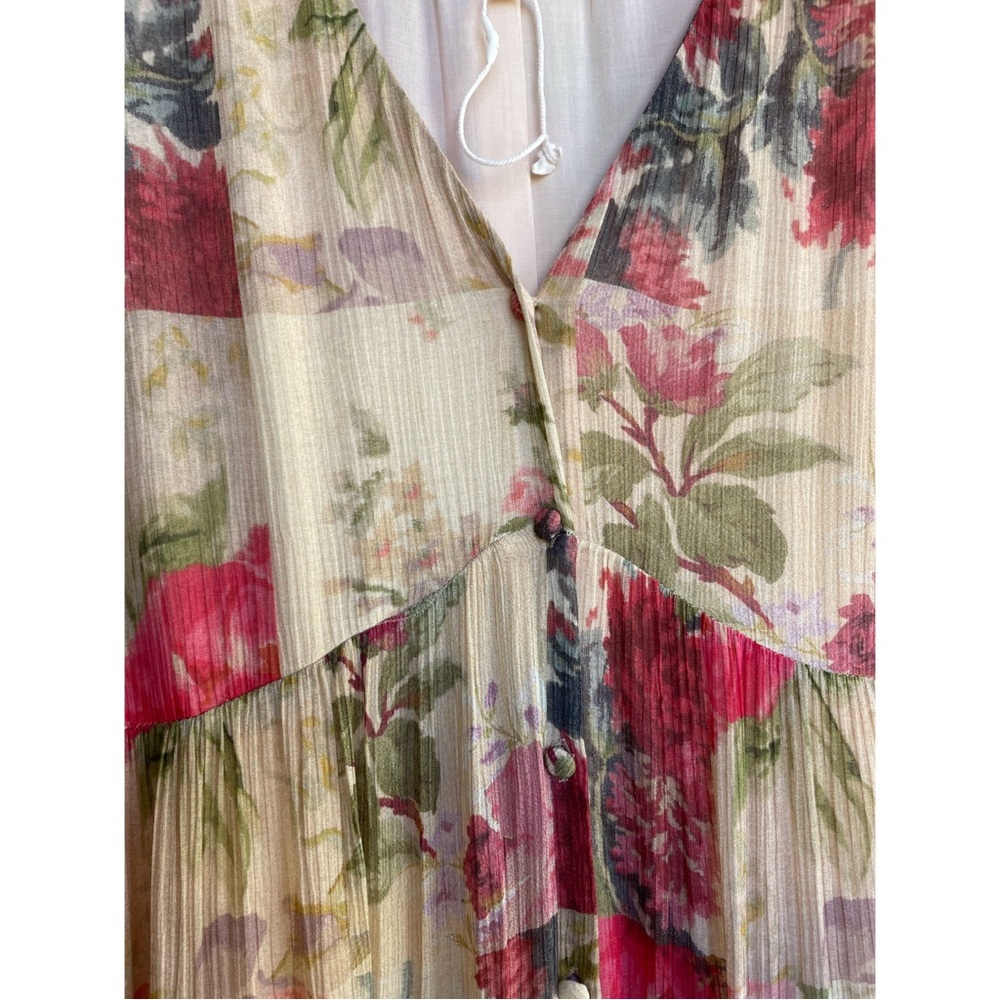 SEZANE Cream Red Rose Floral Patchwork Sleeveless Flowy Silk Alameda Maxi Dress - Picture 10 of 14